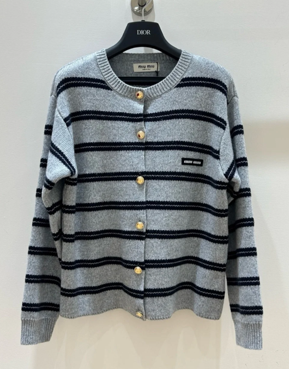 Miu Miu Gray Crewneck Sweater with Navy Stripes